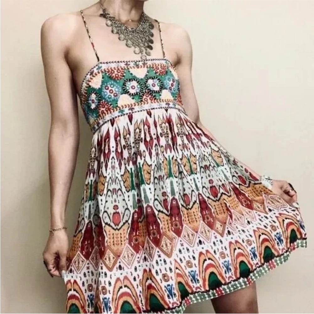 Zara vibrant Multicolor Embroidered boho strappy mini babydoll Dress